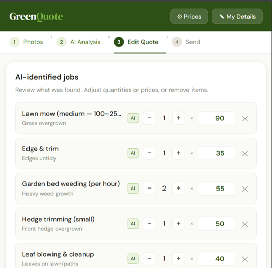 Green Quote Now quoting tool screenshot