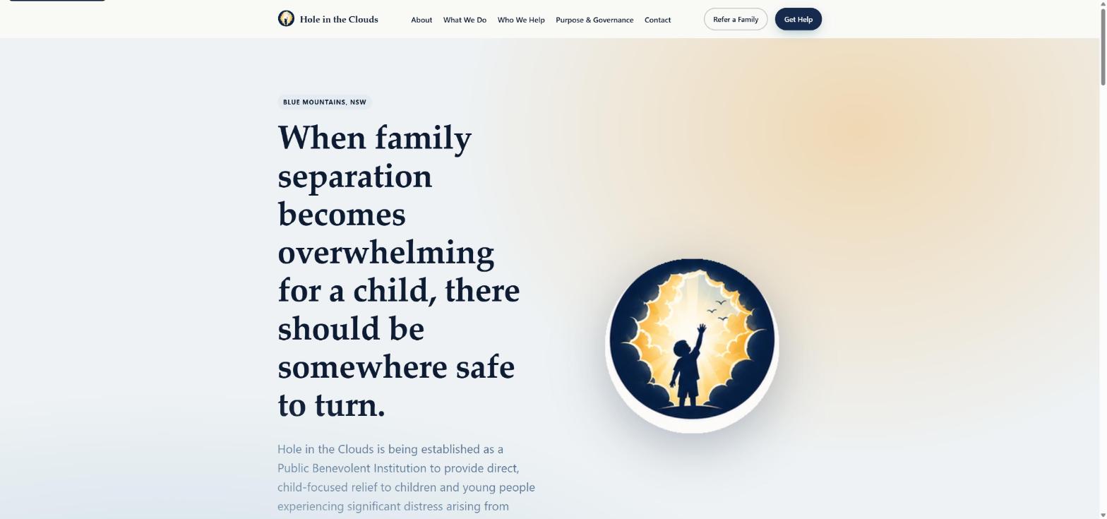 Hole in the Clouds website homepage screenshot